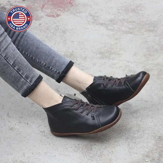 Women's faux leather lace-up ankle winter boots with side zip and flat sole