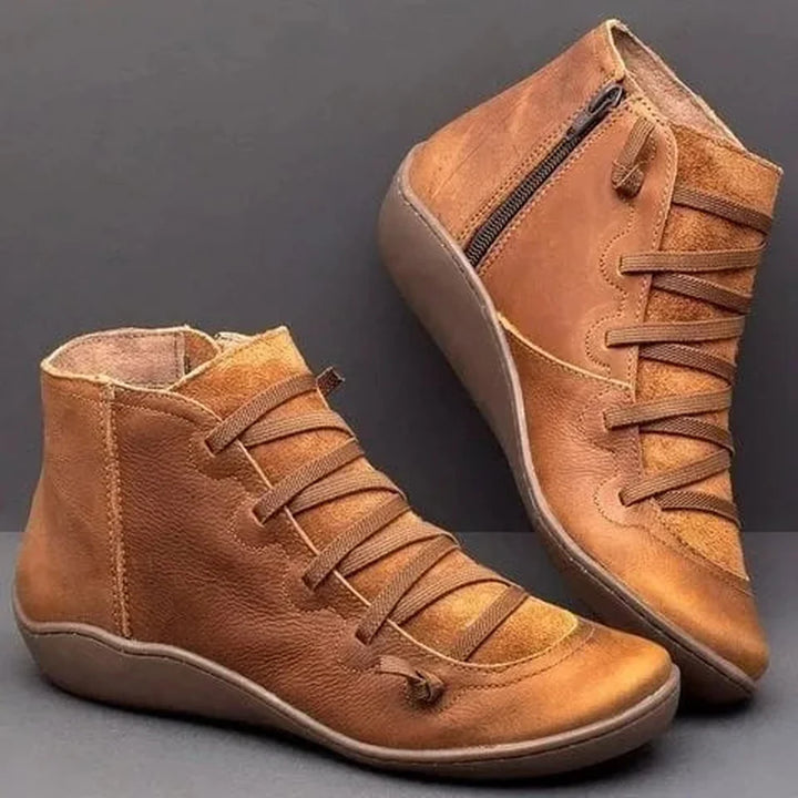 Women's faux leather lace-up ankle winter boots with side zip and flat wedge sole