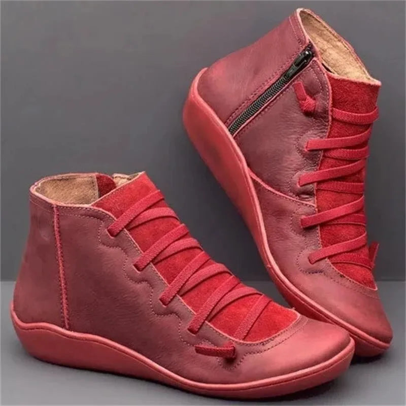 Women's faux leather lace-up ankle winter boots with side zip and flat wedge sole