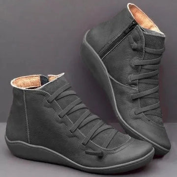 Women's faux leather lace-up ankle winter boots with side zip and flat wedge sole