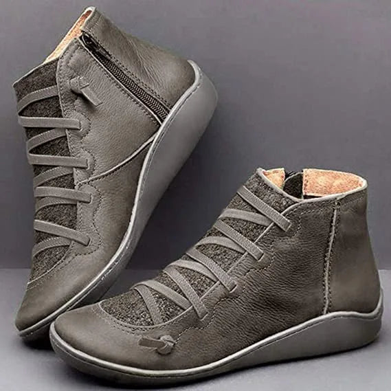 Women's faux leather lace-up ankle winter boots with side zip and flat wedge sole