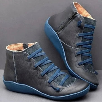 Women's faux leather lace-up ankle winter boots with side zip and flat wedge sole
