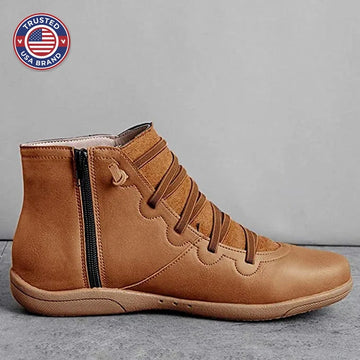 Women's faux leather lace-up ankle winter boots with side zip and flat wedge sole