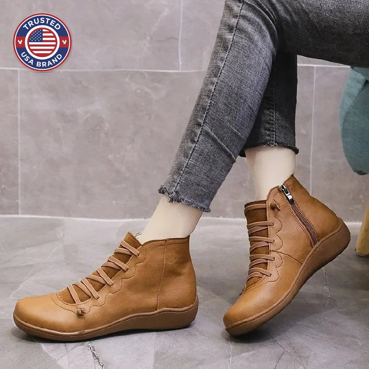 Women's faux leather lace-up ankle winter boots with side zip and flat wedge sole