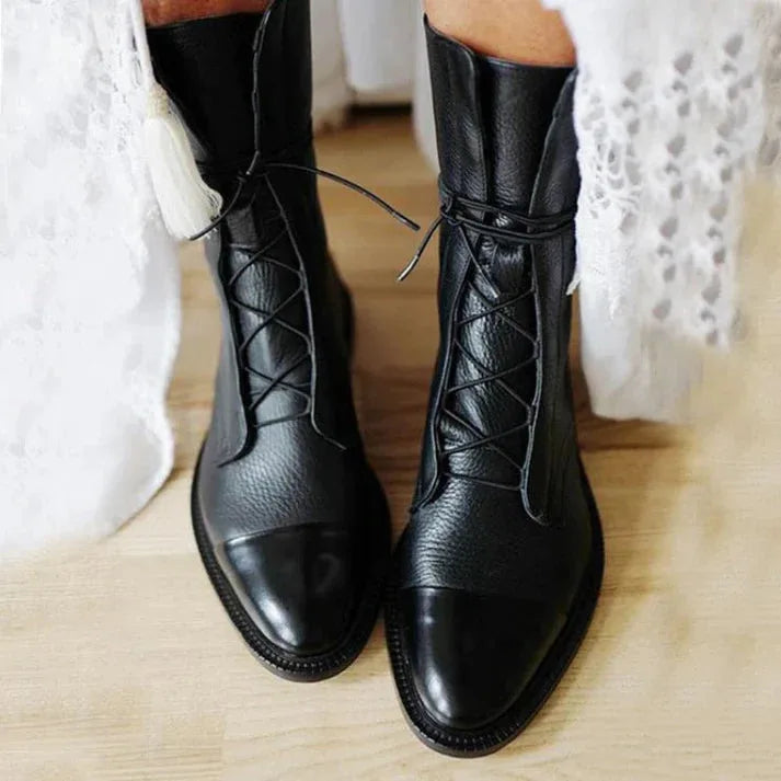 Women's faux leather lace-up ankle winter boots with two-tone toe cap