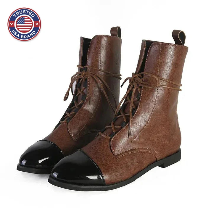 Women's faux leather lace-up ankle winter boots with two-tone toe cap
