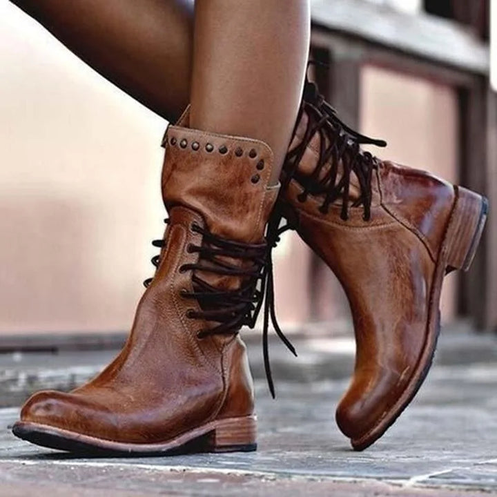 Women's faux leather lace-up ankle combat winter boots with studded cuff