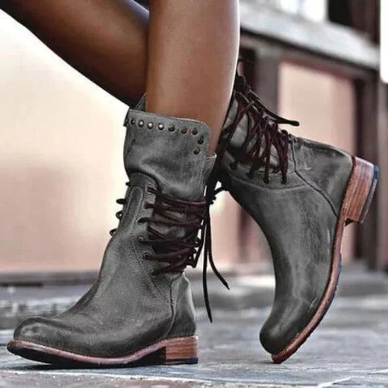 Women's faux leather lace-up ankle combat winter boots with studded cuff