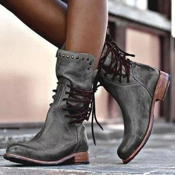 Women's faux leather lace-up ankle combat winter boots with studded cuff
