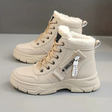 Women's faux leather lace-up combat winter boots with fur lining