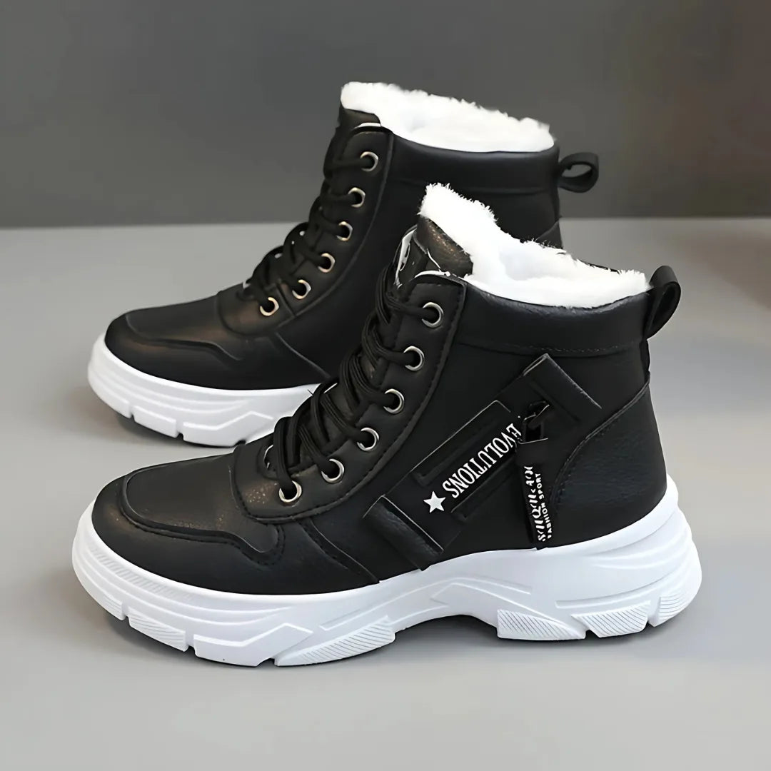 Women's faux leather lace-up combat winter boots with fur lining