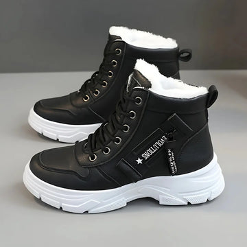 Women's faux leather lace-up combat winter boots with fur lining