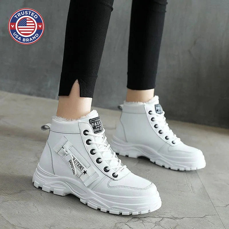 Women's faux leather lace-up combat winter boots with fur lining