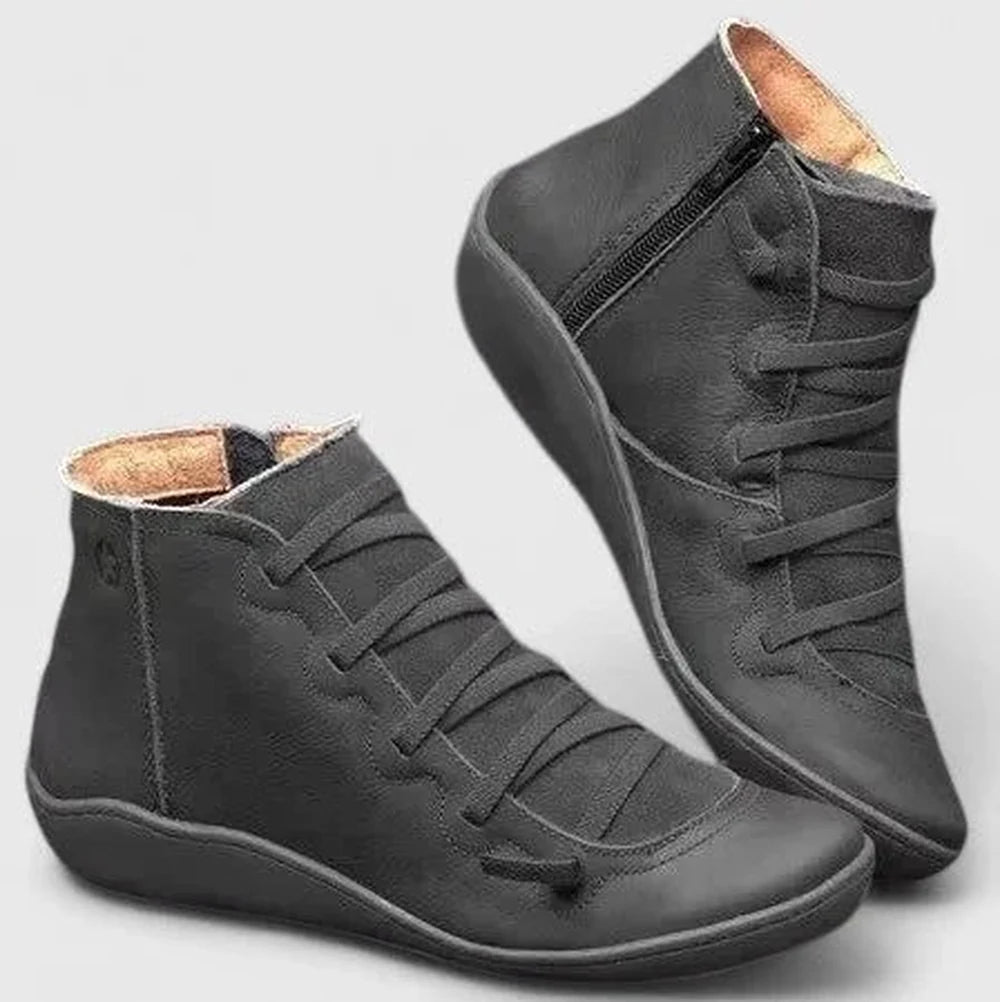 Women's faux leather lace-up orthopedic ankle winter boots with side zip - Blue