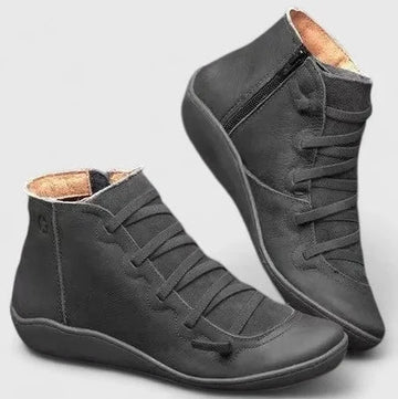 Women's faux leather lace-up orthopedic ankle winter boots with side zip - Blue