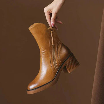 Women's faux leather side zip ankle winter boots with block heel