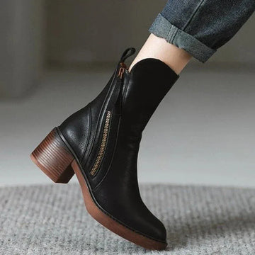 Women's faux leather side zip ankle winter boots with block heel