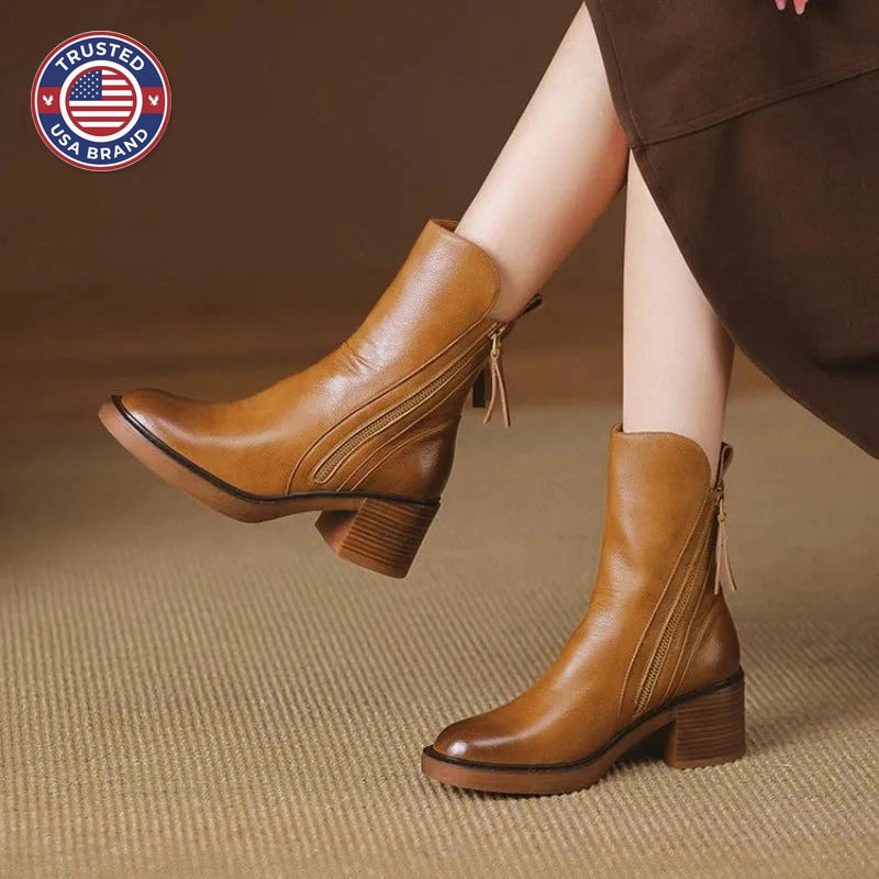 Women's faux leather side zip ankle winter boots with block heel
