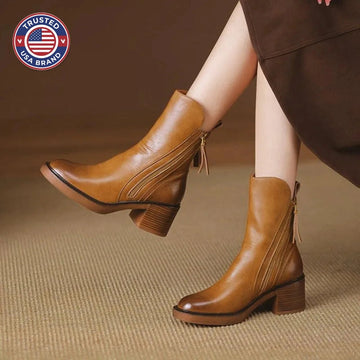 Women's faux leather side zip ankle winter boots with block heel