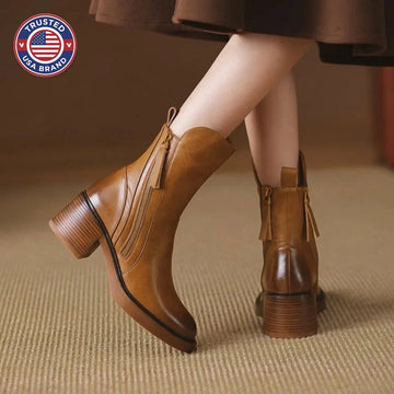 Women's faux leather side zip ankle winter boots with block heel