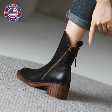 Women's faux leather side zip ankle winter boots with block heel