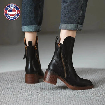 Women's faux leather side zip ankle winter boots with block heel