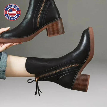 Women's faux leather side zip ankle winter boots with block heel