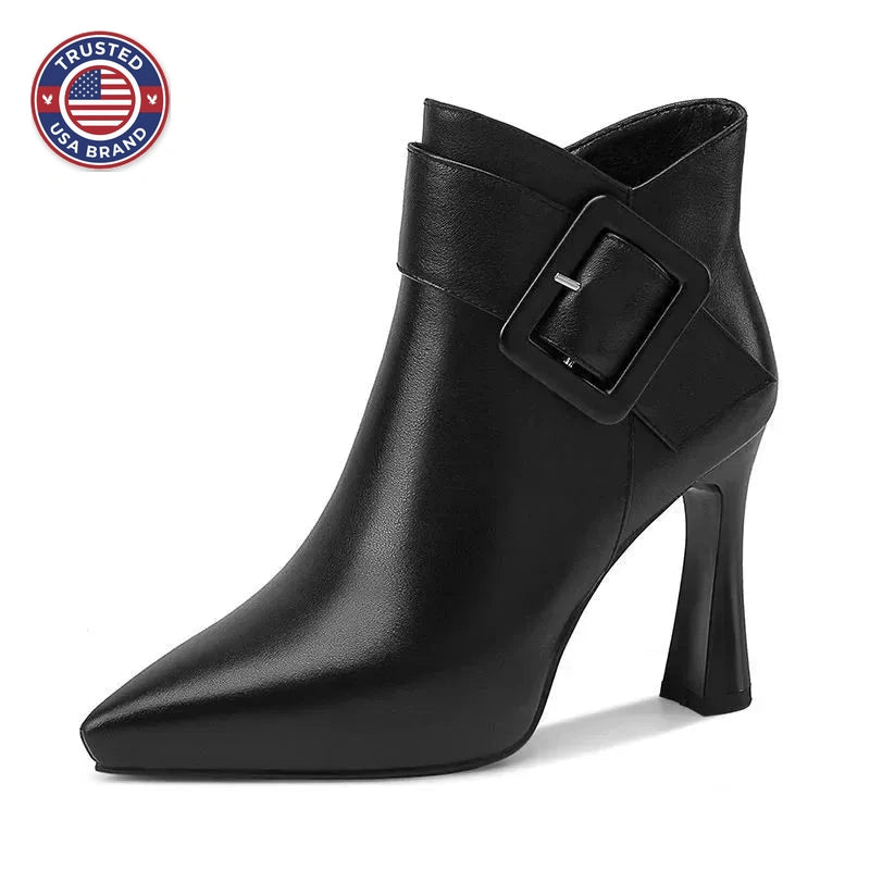 Women's faux leather side zip ankle winter boots with large buckle