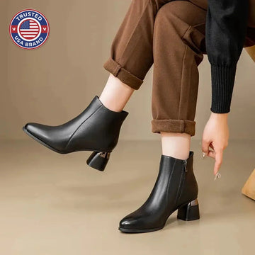 Women's faux leather side zip ankle winter boots with pointed toe and metallic heel