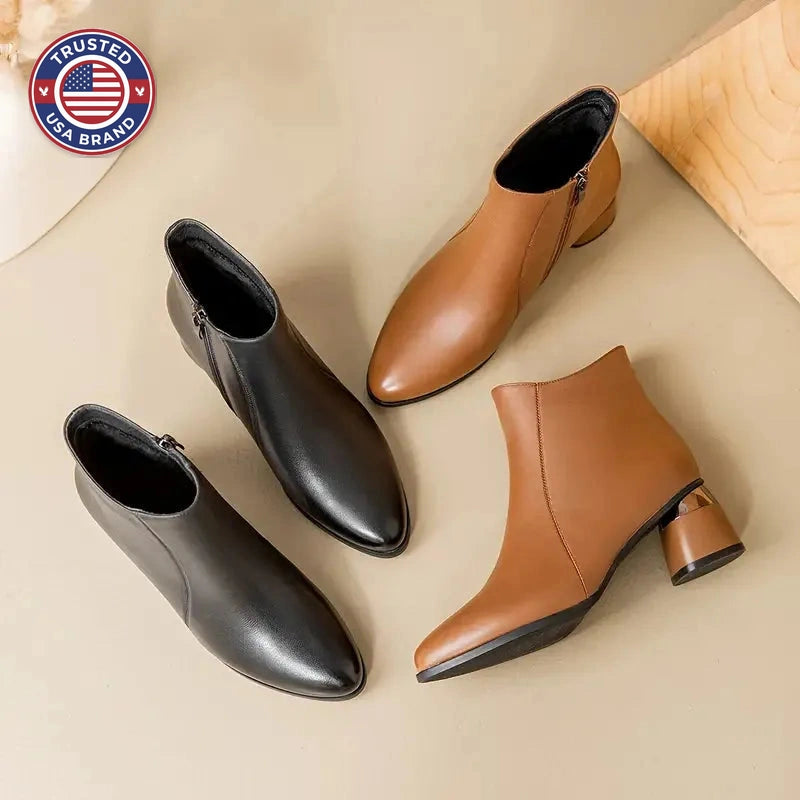 Women's faux leather side zip ankle winter boots with pointed toe and metallic heel