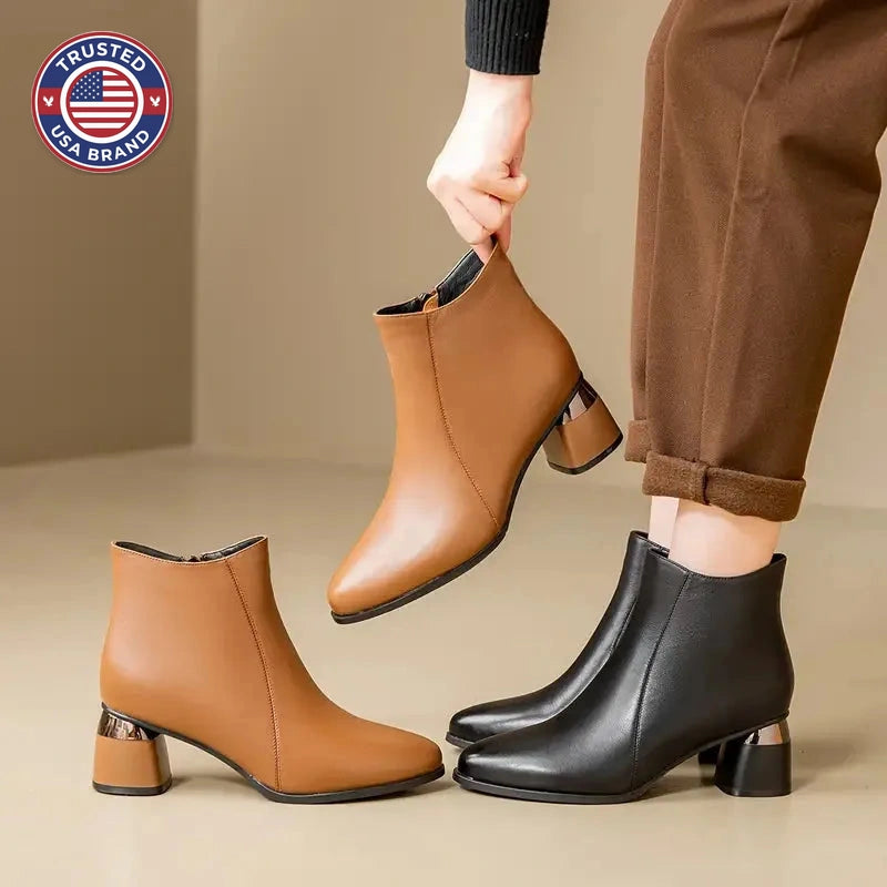 Women's faux leather side zip ankle winter boots with pointed toe and metallic heel