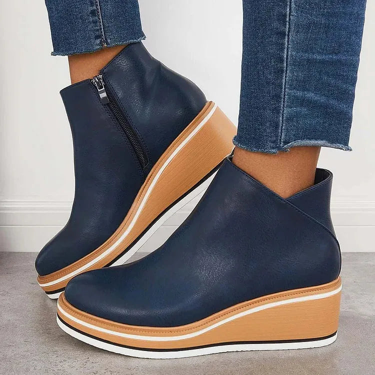 Women's faux leather side zip ankle winter boots with wedge platform sole