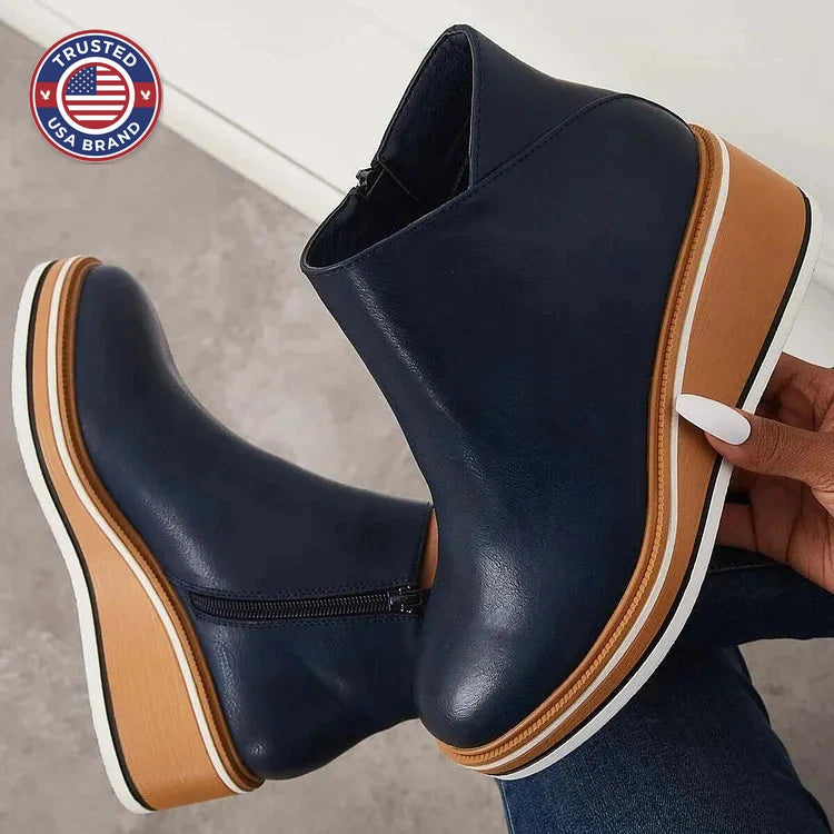 Women's faux leather side zip ankle winter boots with wedge platform sole