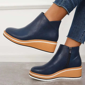 Women's faux leather side zip ankle winter boots with wedge platform sole