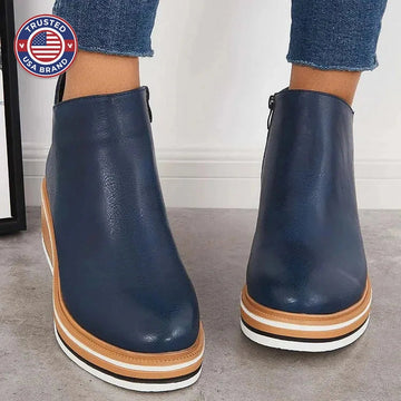 Women's faux leather side zip ankle winter boots with wedge platform sole