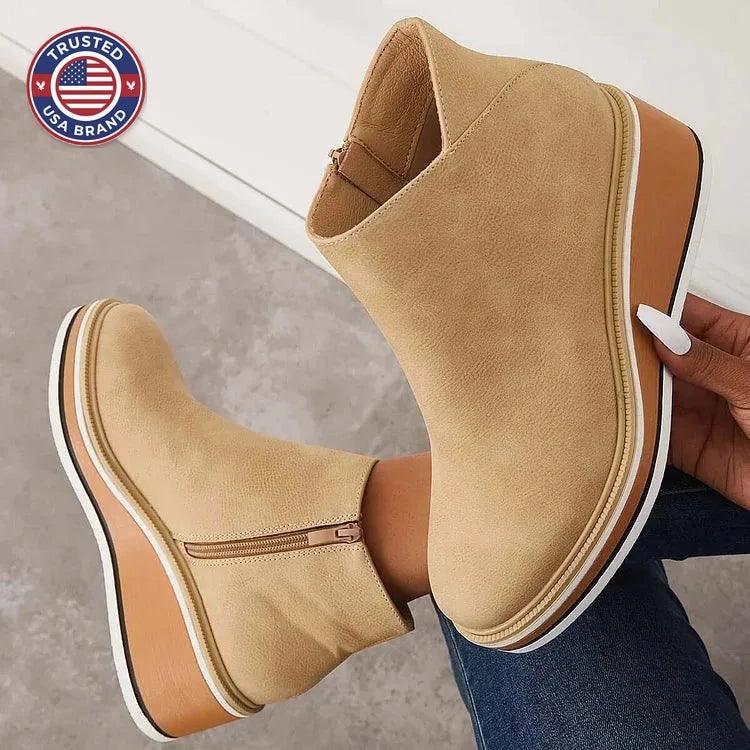 Women's faux leather side zip ankle winter boots with wedge platform sole