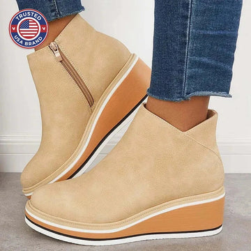 Women's faux leather side zip ankle winter boots with wedge platform sole