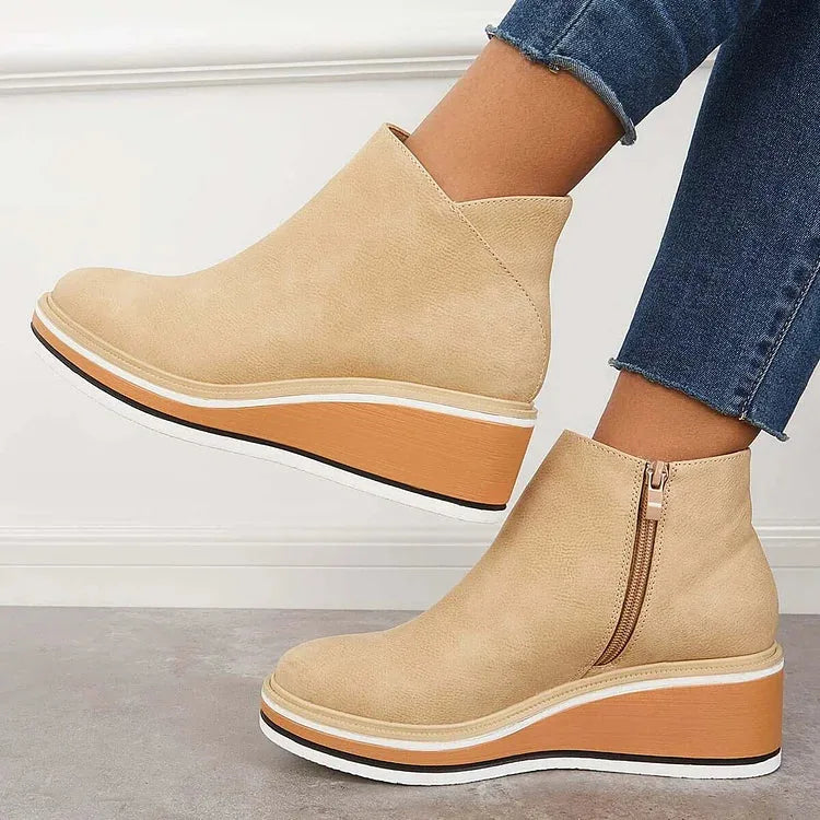 Women's faux leather side zip ankle winter boots with wedge platform sole
