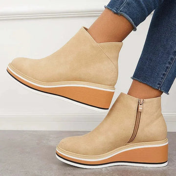 Women's faux leather side zip ankle winter boots with wedge platform sole
