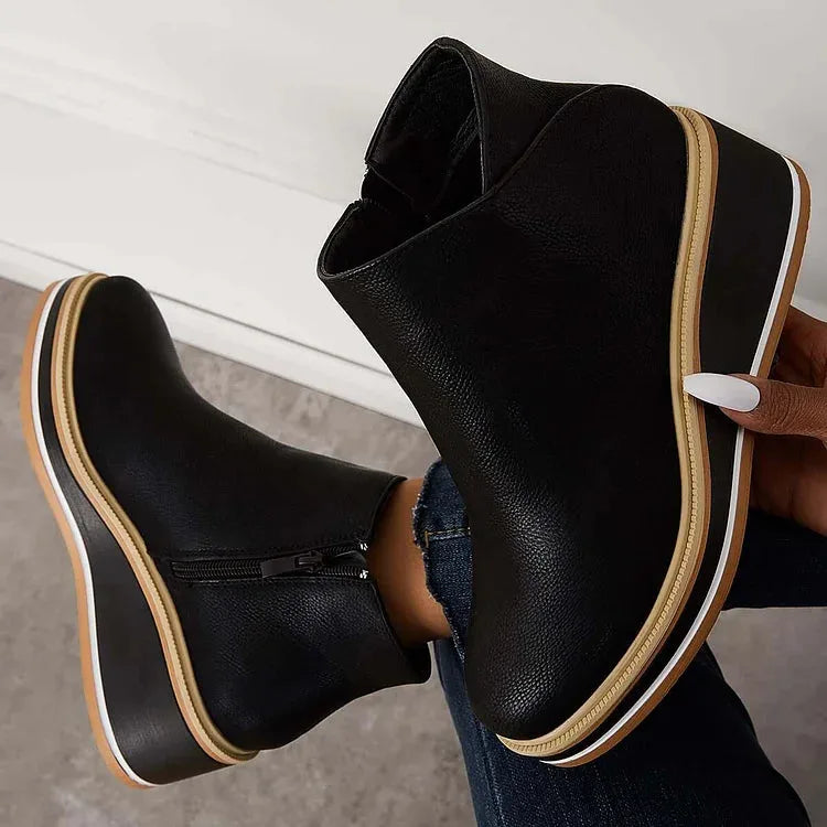 Women's faux leather side zip ankle winter boots with wedge platform sole