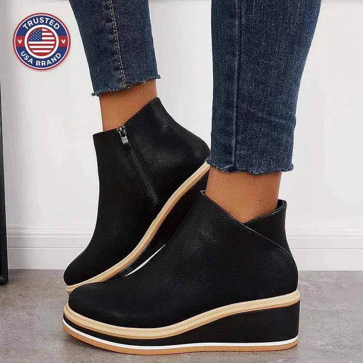 Women's faux leather side zip ankle winter boots with wedge platform sole