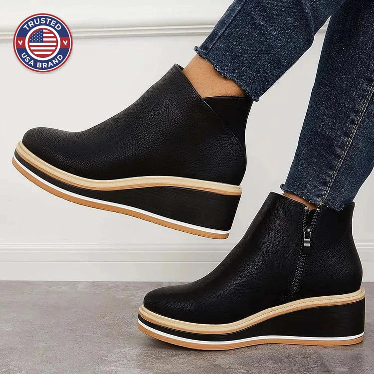 Women's faux leather side zip ankle winter boots with wedge platform sole