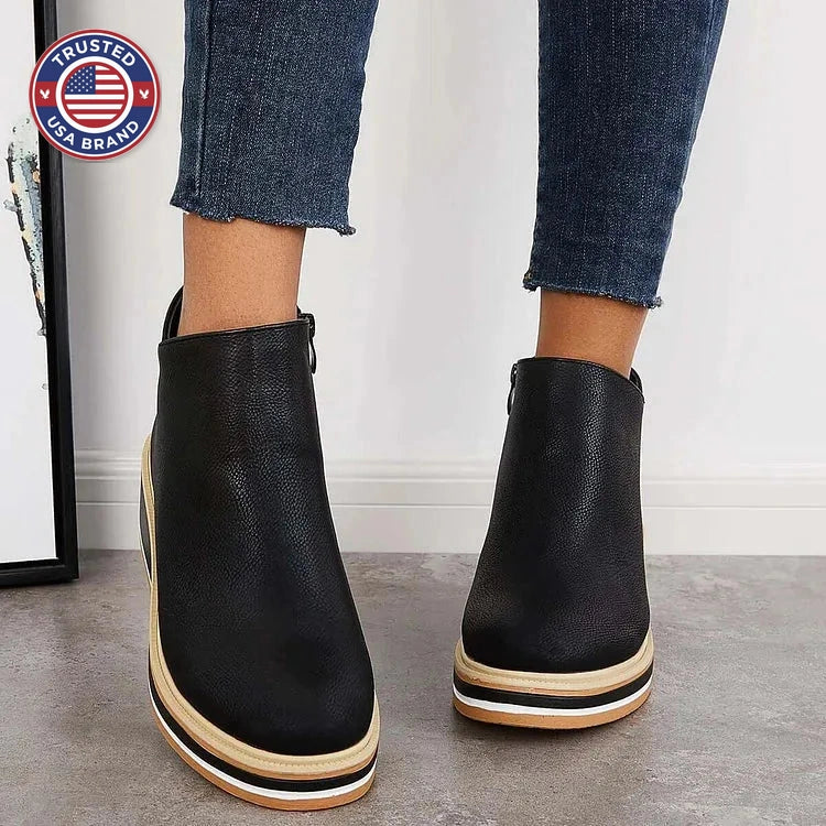 Women's faux leather side zip ankle winter boots with wedge platform sole