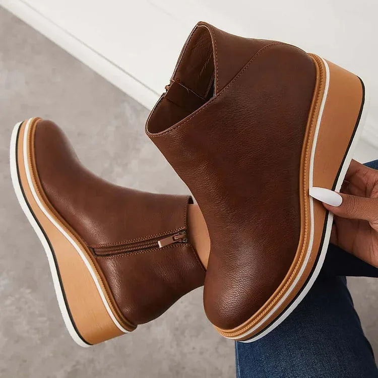 Women's faux leather side zip ankle winter boots with wedge platform sole