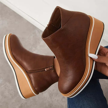 Women's faux leather side zip ankle winter boots with wedge platform sole