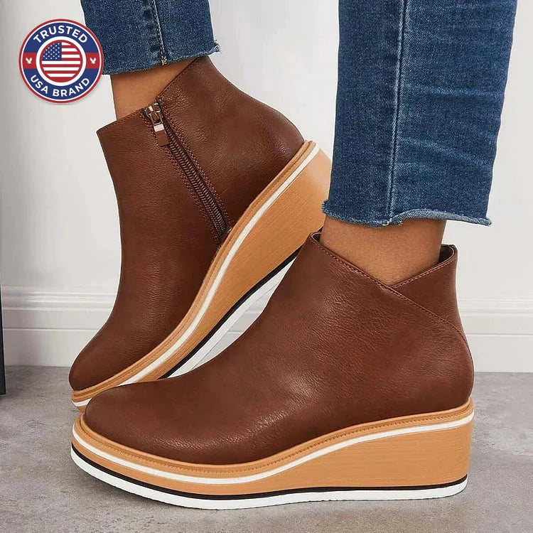 Women's faux leather side zip ankle winter boots with wedge platform sole