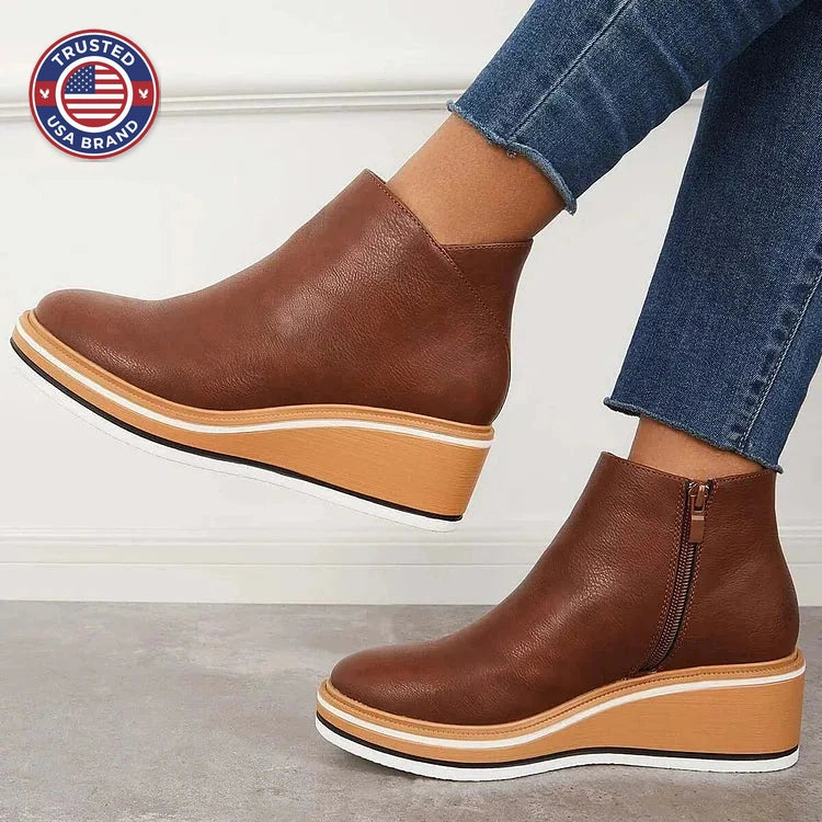 Women's faux leather side zip ankle winter boots with wedge platform sole