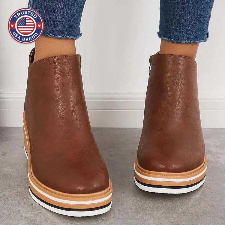 Women's faux leather side zip ankle winter boots with wedge platform sole