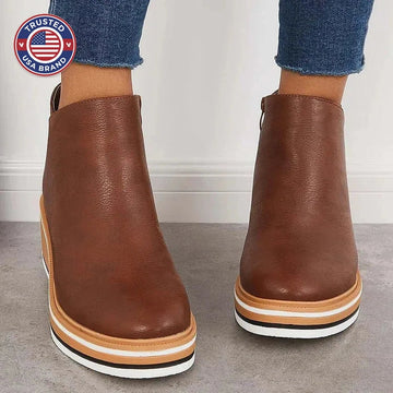 Women's faux leather side zip ankle winter boots with wedge platform sole