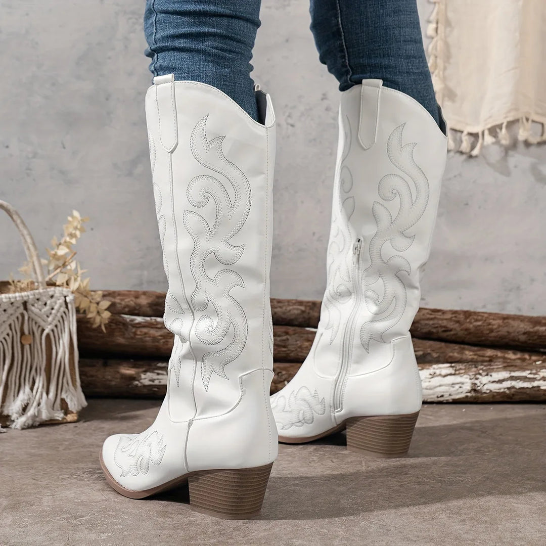 Women's faux leather side zip knee high winter boots with block heel